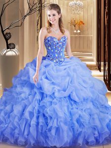 Sweetheart Sleeveless Organza 15th Birthday Dress Embroidery and Ruffles and Pick Ups Brush Train Lace Up
