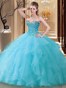 Attractive Sleeveless Floor Length Beading Lace Up Quinceanera Dress with Aqua Blue