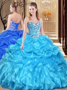 Glittering Ball Gowns Quinceanera Gown Aqua Blue Sweetheart Organza Sleeveless Floor Length Lace Up