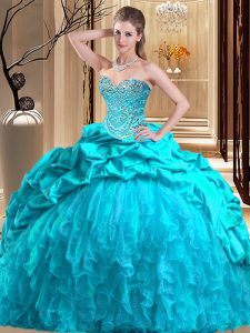 Modest Aqua Blue Taffeta and Tulle Lace Up Sweetheart Sleeveless Quinceanera Gowns Brush Train Beading and Ruffles