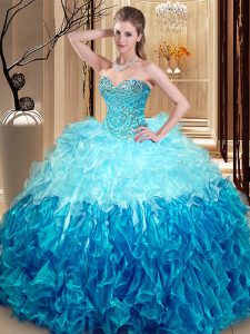 Romantic Multi-color Organza Lace Up Sweetheart Sleeveless Asymmetrical Quince Ball Gowns Beading and Ruffles