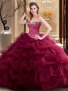 Pretty Tulle Sweetheart Sleeveless Lace Up Beading and Ruffles 15th Birthday Dress in Burgundy
