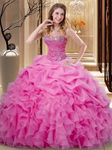 On Sale Rose Pink Ball Gowns Sweetheart Sleeveless Organza Floor Length Lace Up Beading and Ruffles and Pick Ups Ball Gown Prom Dress