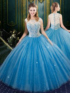 Blue Zipper High-neck Lace Ball Gown Prom Dress Tulle Sleeveless