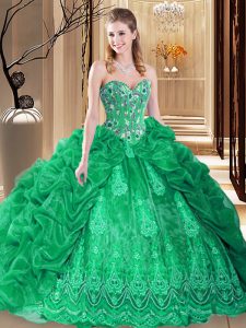 Amazing Embroidery and Pick Ups Sweet 16 Dresses Green Lace Up Sleeveless Court Train