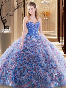 Sleeveless Brush Train Lace Up With Train Embroidery and Ruffles Ball Gown Prom Dress