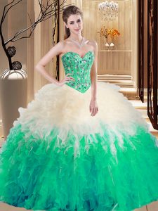 Super Floor Length Multi-color 15th Birthday Dress Tulle Sleeveless Embroidery and Ruffles