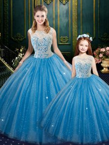 Classical Baby Blue Tulle Lace Up High-neck Sleeveless Floor Length Vestidos de Quinceanera Lace