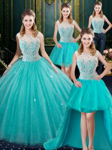 Four Piece High-neck Sleeveless Quince Ball Gowns Floor Length Lace Aqua Blue Tulle