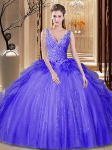 Lavender Ball Gowns Appliques and Ruffles and Sequins Ball Gown Prom Dress Backless Tulle and Sequined Sleeveless Floor Length