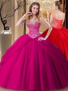 Glittering Floor Length Lace Up Quinceanera Dresses Fuchsia for Military Ball and Sweet 16 and Quinceanera with Beading