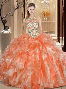 Orange Scoop Backless Embroidery and Ruffles Quinceanera Dresses Sleeveless