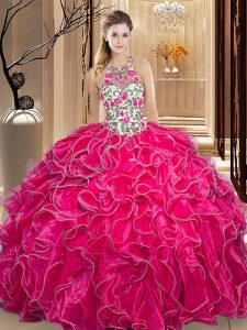 Sexy Scoop Sleeveless Floor Length Embroidery and Ruffles Backless Quinceanera Dresses with Hot Pink