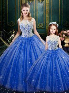 Sophisticated Royal Blue Zipper High-neck Lace Ball Gown Prom Dress Tulle Sleeveless