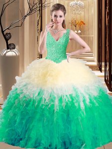 Great V-neck Sleeveless Ball Gown Prom Dress Floor Length Lace and Appliques and Ruffles Multi-color Tulle