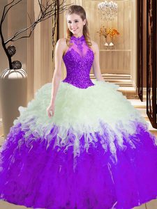 Glamorous Floor Length Ball Gowns Sleeveless White And Purple Ball Gown Prom Dress Lace Up