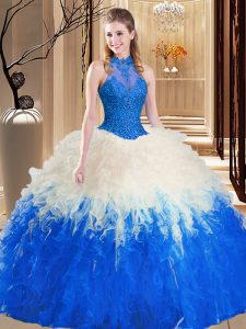 Vintage Blue And White Backless High-neck Lace and Appliques and Ruffles Quince Ball Gowns Tulle Sleeveless