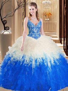 Custom Fit Straps Blue And White Sleeveless Lace and Ruffles Floor Length Quinceanera Dress