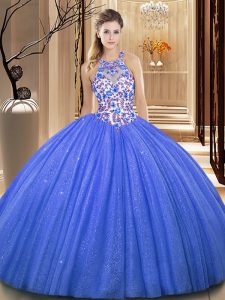 Captivating Sleeveless Floor Length Lace and Appliques Lace Up Quince Ball Gowns with Blue