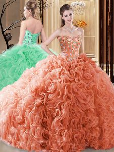 Most Popular Orange Fabric With Rolling Flowers Lace Up Sweetheart Sleeveless Floor Length Quince Ball Gowns Embroidery and Ruffles