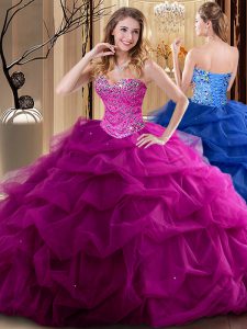 Sleeveless Tulle Floor Length Lace Up Quinceanera Dress in Fuchsia with Beading and Ruffles