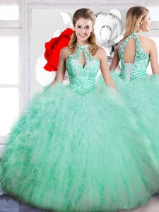 Tulle High-neck Sleeveless Lace Up Beading Quinceanera Dress in Apple Green
