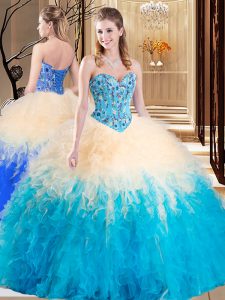 Vintage Embroidery and Ruffles Sweet 16 Dress Multi-color Lace Up Sleeveless Floor Length