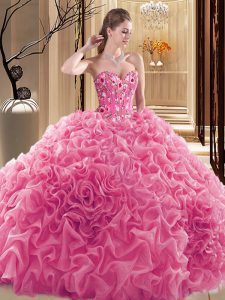 Lovely Rose Pink Ball Gowns Embroidery and Ruffles and Pick Ups Quinceanera Gowns Lace Up Fabric With Rolling Flowers Sleeveless Floor Length
