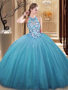 Affordable Tulle High-neck Sleeveless Lace Up Lace and Appliques 15th Birthday Dress in Blue