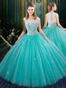 Aqua Blue Ball Gowns Tulle High-neck Sleeveless Lace Floor Length Zipper Sweet 16 Quinceanera Dress