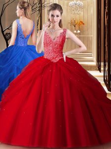 Colorful Red 15th Birthday Dress Military Ball and Sweet 16 and Quinceanera and For with Lace and Appliques and Pick Ups V-neck Sleeveless Backless