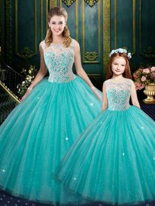 Great Turquoise Ball Gowns Lace Vestidos de Quinceanera Zipper Tulle Sleeveless Floor Length