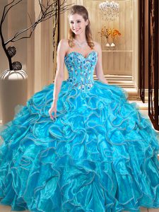 Cheap Sleeveless Floor Length Embroidery and Ruffles Lace Up 15 Quinceanera Dress with Teal
