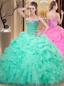 Sleeveless Floor Length Beading and Ruffles and Pick Ups Lace Up Quinceanera Gowns with Apple Green