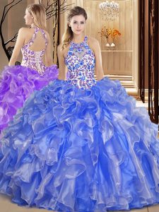 Scoop Backless Blue Sleeveless Embroidery and Ruffles Floor Length 15th Birthday Dress