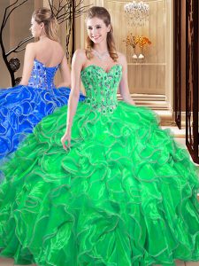 Custom Designed Green Ball Gowns Organza Sweetheart Sleeveless Embroidery and Ruffles Floor Length Lace Up Sweet 16 Dresses