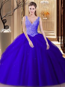 Vintage Royal Blue Backless Vestidos de Quinceanera Lace and Appliques and Pick Ups Sleeveless Floor Length