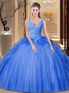 Royal Blue Sweet 16 Quinceanera Dress Military Ball and Sweet 16 and Quinceanera and For with Sequins and Pick Ups V-neck Sleeveless Backless