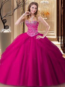 Fabulous Fuchsia Sleeveless Floor Length Beading Lace Up Vestidos de Quinceanera