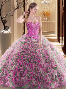 Great With Train Multi-color 15 Quinceanera Dress Fabric With Rolling Flowers Brush Train Sleeveless Embroidery and Ruffles
