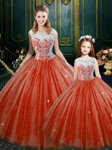 Fashion High-neck Sleeveless Ball Gown Prom Dress Floor Length Lace Orange Red Tulle
