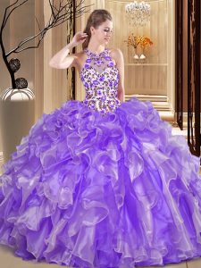 Extravagant Scoop Floor Length Backless Quince Ball Gowns Lavender for Military Ball and Sweet 16 and Quinceanera with Embroidery and Ruffles