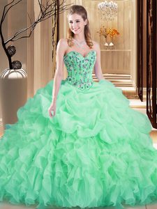 Apple Green Ball Gowns Organza Sweetheart Sleeveless Embroidery and Ruffles Lace Up Quinceanera Gowns Brush Train