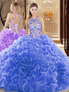 Hot Selling Blue Backless Quinceanera Gowns Embroidery and Ruffles Sleeveless Court Train
