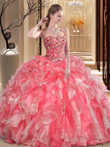 Pretty Watermelon Red Sleeveless Embroidery and Ruffles Floor Length Ball Gown Prom Dress