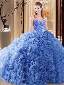 Blue Ball Gowns Sweetheart Sleeveless Organza and Fabric With Rolling Flowers Court Train Lace Up Embroidery and Ruffles Quinceanera Dress