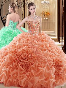 Sleeveless Fabric With Rolling Flowers Floor Length Lace Up Sweet 16 Dress in Orange with Embroidery and Ruffles and Pick Ups