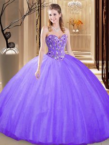 Most Popular Sleeveless Tulle Floor Length Lace Up Quince Ball Gowns in Lavender with Embroidery