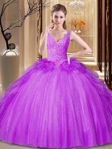 Purple Tulle and Sequined Backless V-neck Sleeveless Floor Length Quinceanera Gown Appliques and Ruffles and Sequins