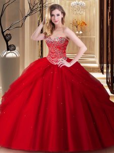 Hot Selling Beading Quinceanera Gown Red Lace Up Sleeveless Floor Length